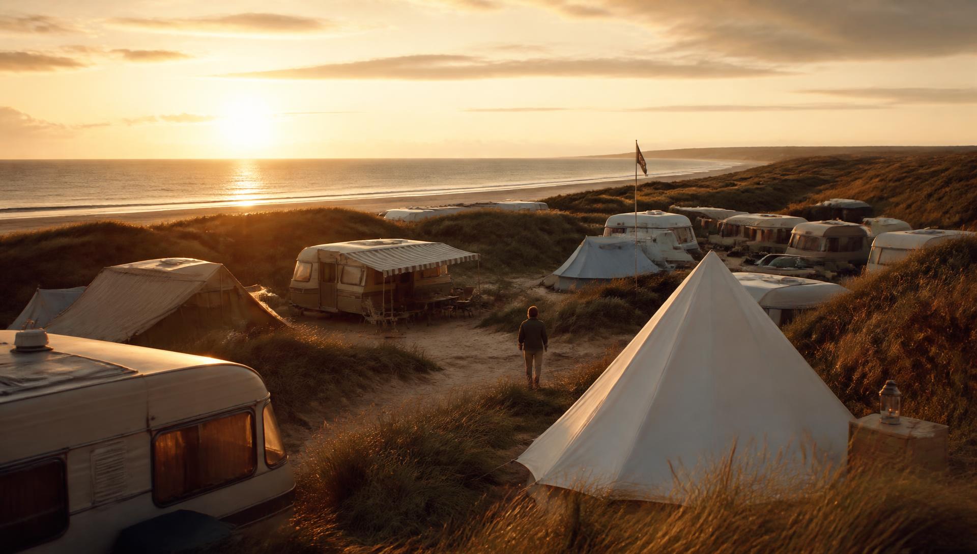 Camping tussen de duinen aan de Noord-Hollandse kust tijdens gouden uur